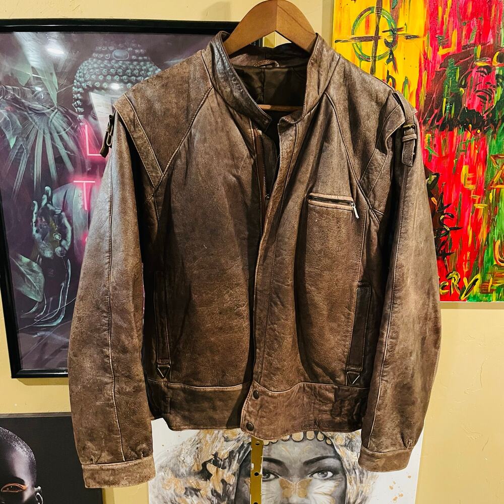 80s Italian Euro Imported Vintage Distressed Moto Brown Grunge Leather Jacket L